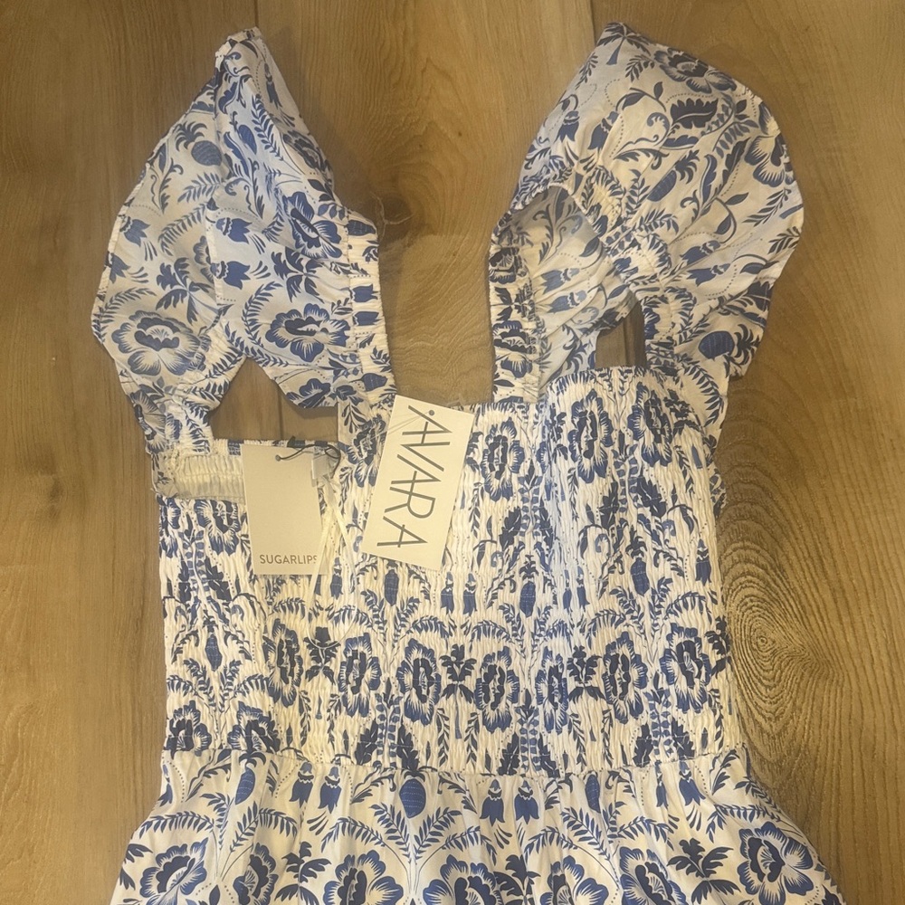 Off-Shoulder Blue & White Floral Midi Dress - Picture 3 of 11
